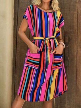 Ladies XL Striped pocketed belt tie dress